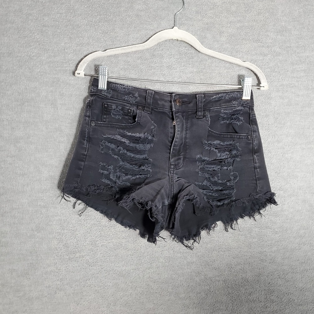 American Eagle Women Shorts 0 Black Denim Distressed Cut Off Mid Rise 2" Inseam